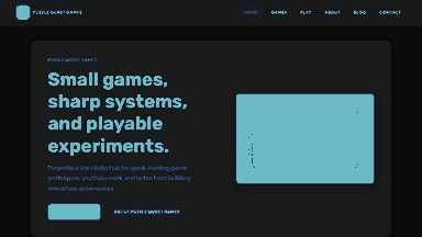 SvelteKit site homepage with the 'Small games, sharp systems, and playable experiments' headline.