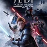 Star Wars Jedi: Fallen Order cover art: a Jedi igniting a blue lightsaber beside his droid, stormtroopers behind him.